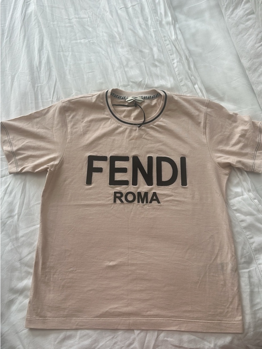 Fendi Beige Short Sleeve Tee with Black FENDI ROMA Logo